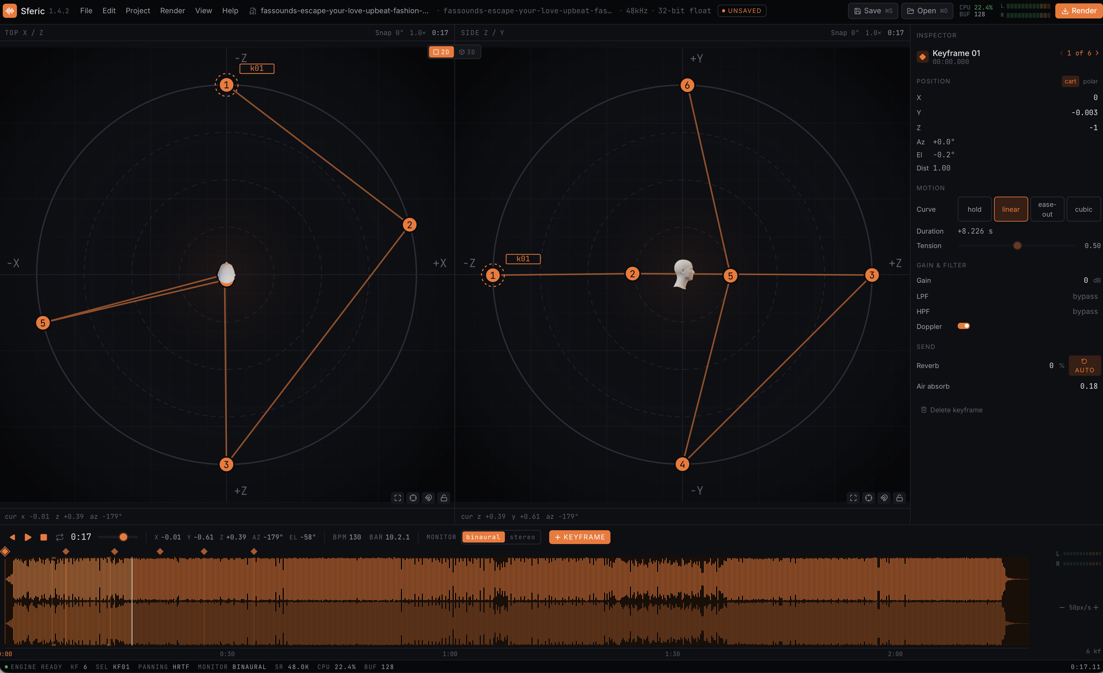 Two side-by-side 2D orthographic views showing the same keyframe layout from above and from the side, with subtle dotted background grids and concentric reference circles