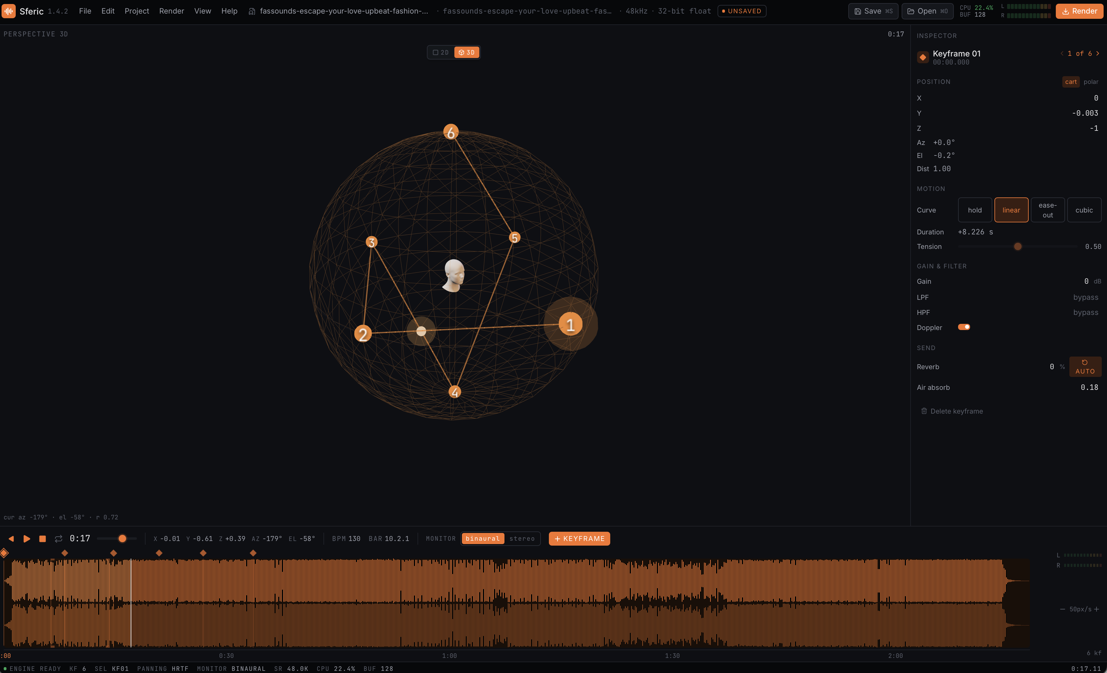 Sferic perspective view: a wireframe HRTF sphere with the listener head at centre and a chain of orange keyframes traced around it, inspector panel, and waveform timeline